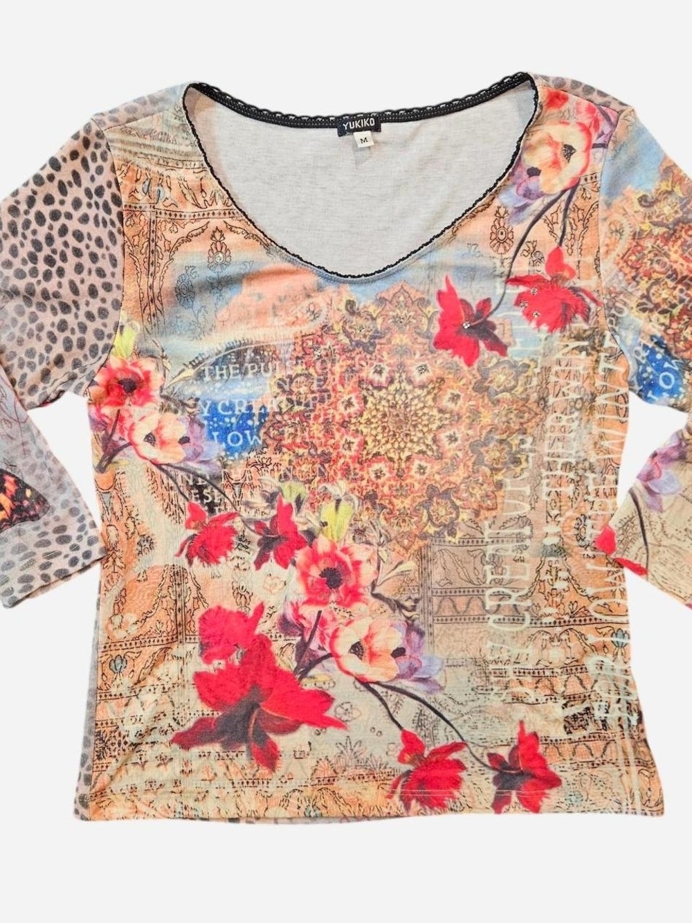Yukiko Scoop Neck Long Sleeve Floral & Paisley Mix Top - Red, Pink, Blue